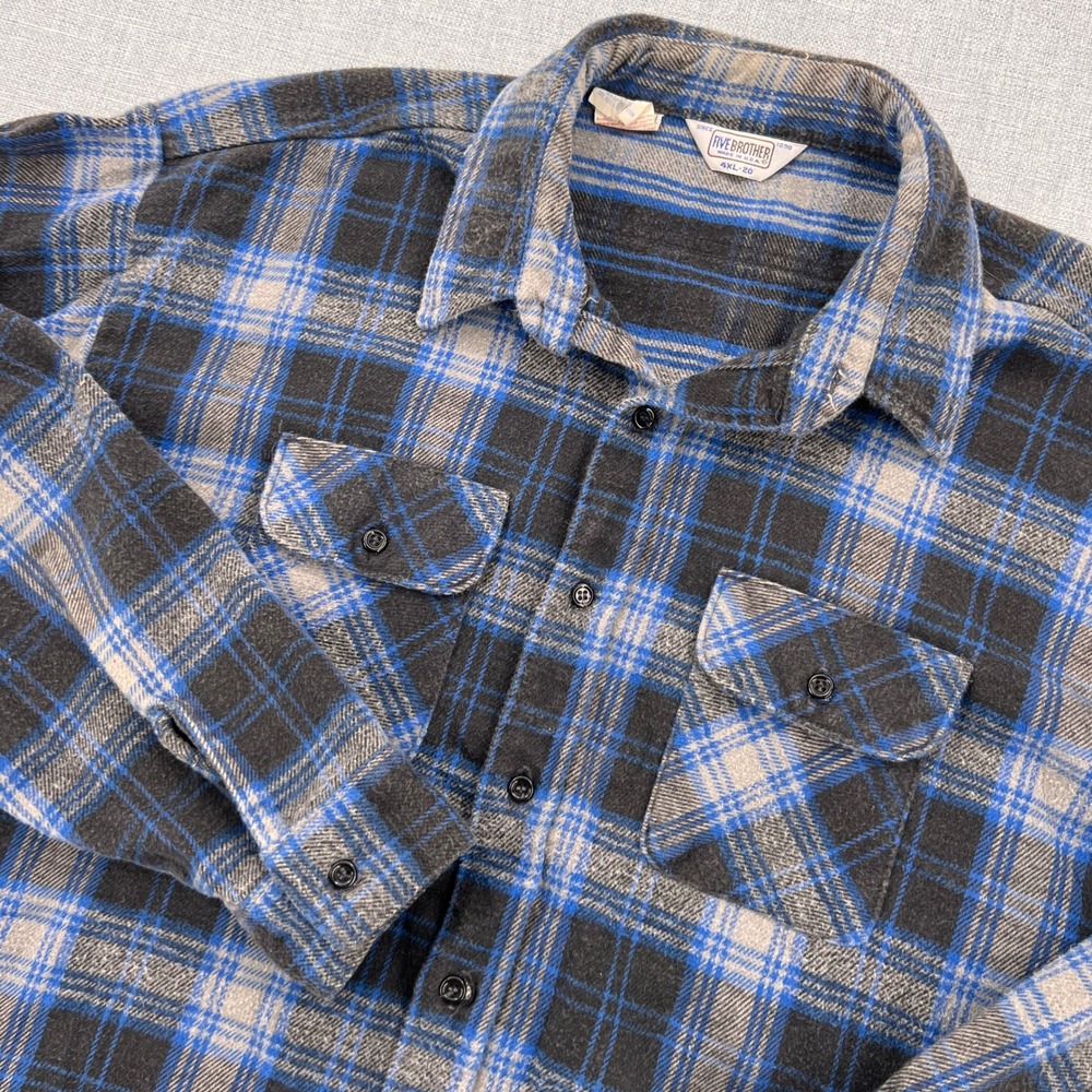VTG Y2K Five Brother Flannel Shirt Men 4XL Tall Blue Plaid Workwear USA Made